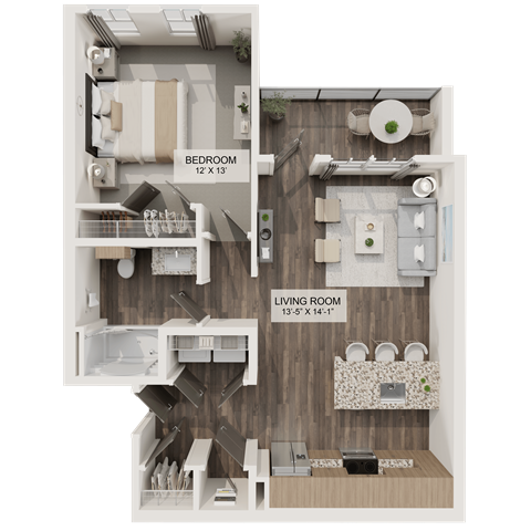 Floor plan for 1 bed, 1 bath, 761 sqft